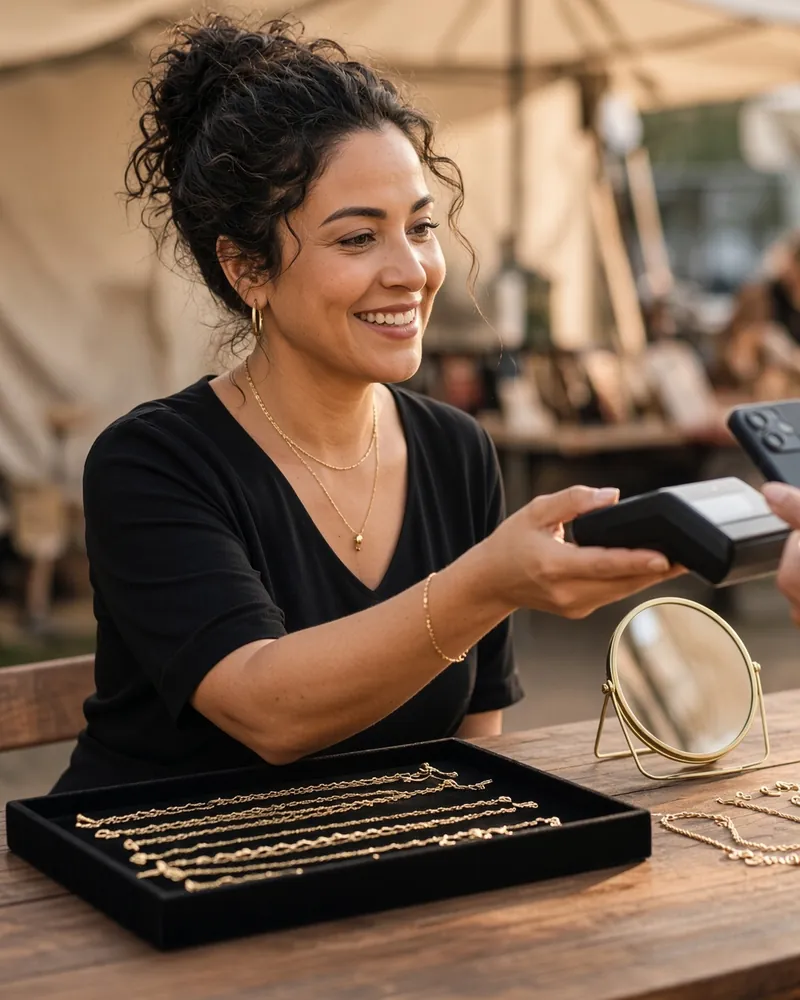 Artista de joyería cobrando a una clienta con un lector de tarjetas en su mesa de feria.