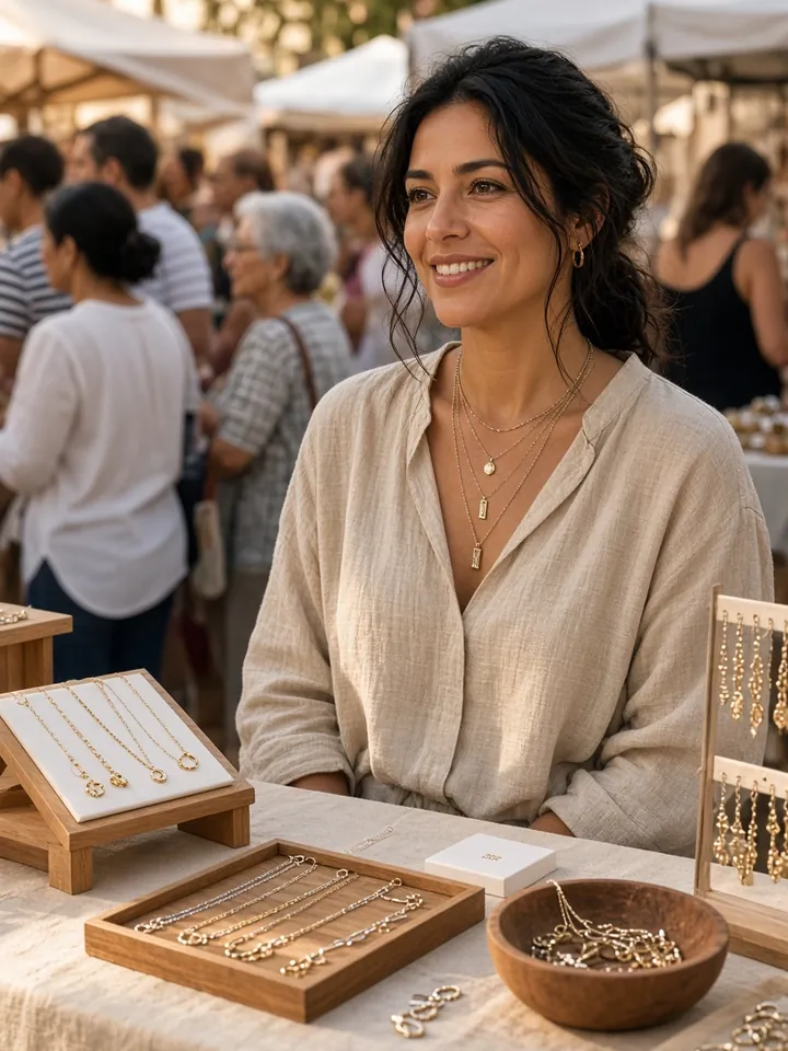 Mujer latina emprendedora sonriendo en su puesto de joyería durante una feria al aire libre, con gente recorriendo los puestos detrás.
