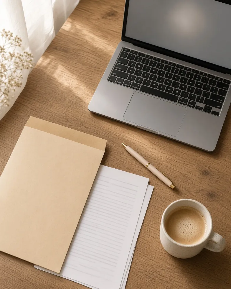 Escritorio ordenado con formularios, una carpeta, una laptop y una taza de café: el papeleo para formalizar un negocio pequeño en Estados Unidos.
