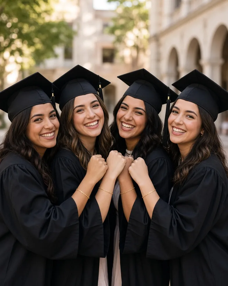 Cuatro amigas con toga y birrete, sonriendo y juntando los puños para mostrar sus pulseras de cadena de oro a juego el día de su graduación.