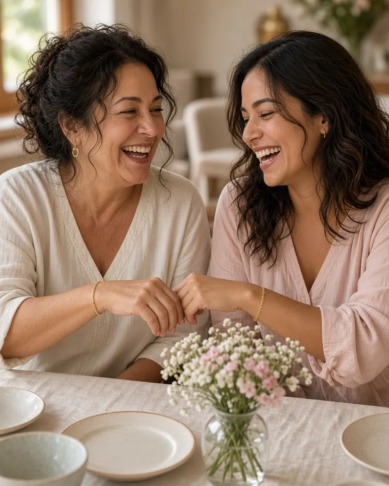 Madre e hija adulta sonriendo y mostrando sus pulseras de cadena de oro a juego en una comida familiar del Día de las Madres.