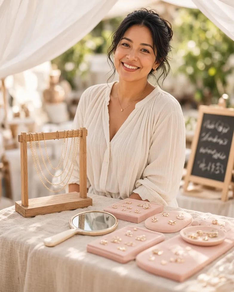 Puesto pop-up de joyería permanente bien montado en un mercado, con mantel, exhibidor de cadenas, espejo y letrero de precios.