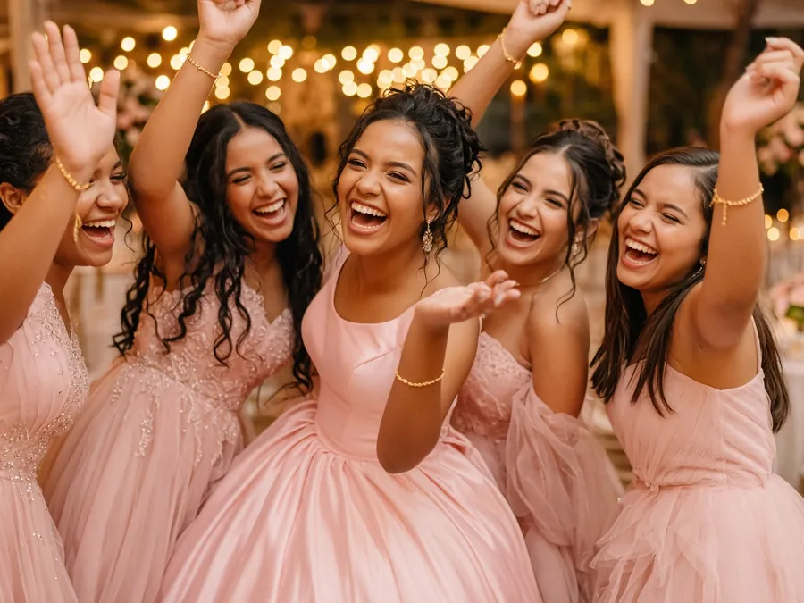 Una quinceañera y su corte riendo en la recepción de la fiesta, con pulseras de cadena de oro a juego.