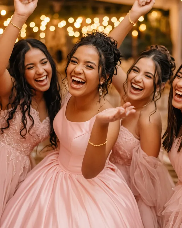Una quinceañera y su corte riendo en la recepción de la fiesta, con pulseras de cadena de oro a juego.