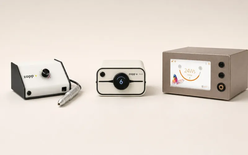 Tres soldadoras de joyería permanente lado a lado para comparar su tamaño y sus controles: Zapp, Zapp Plus 2 y Orion mPulse.